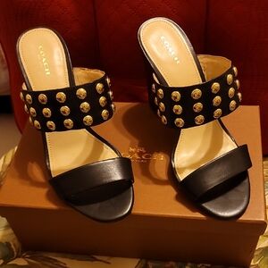 Coach Black Leather Slide Mules with Gold Studs